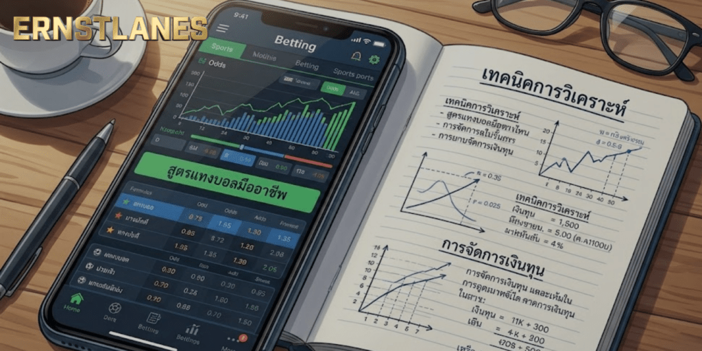 ภาพประกอบ สูตรแทงบอลออนไลน์ ฉบับมืออาชีพ บนหน้าจอมือถือและสมุดจดบันทึก