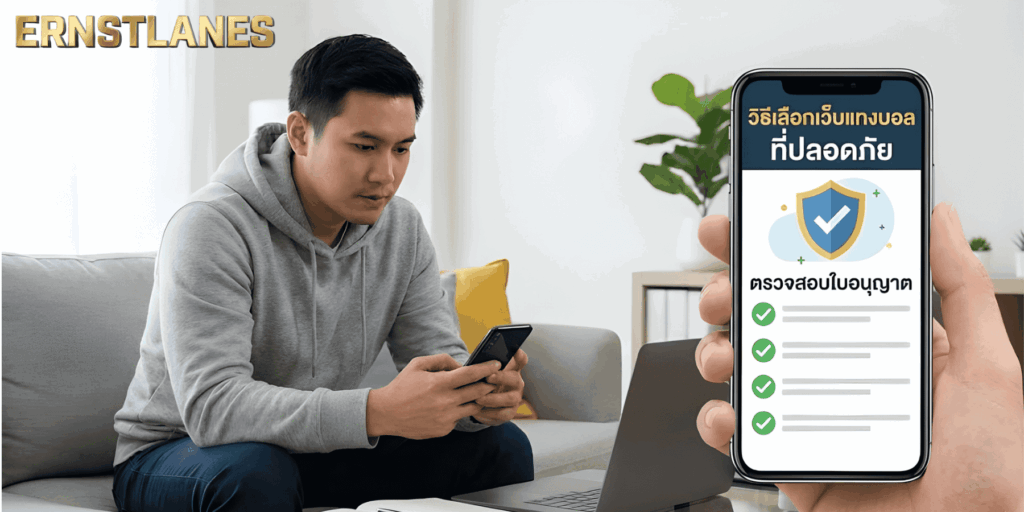 ผู้ชายกำลังตรวจสอบข้อมูลวิธีเลือกเว็บแทงบอลที่ปลอดภัยบนสมาร์ทโฟน