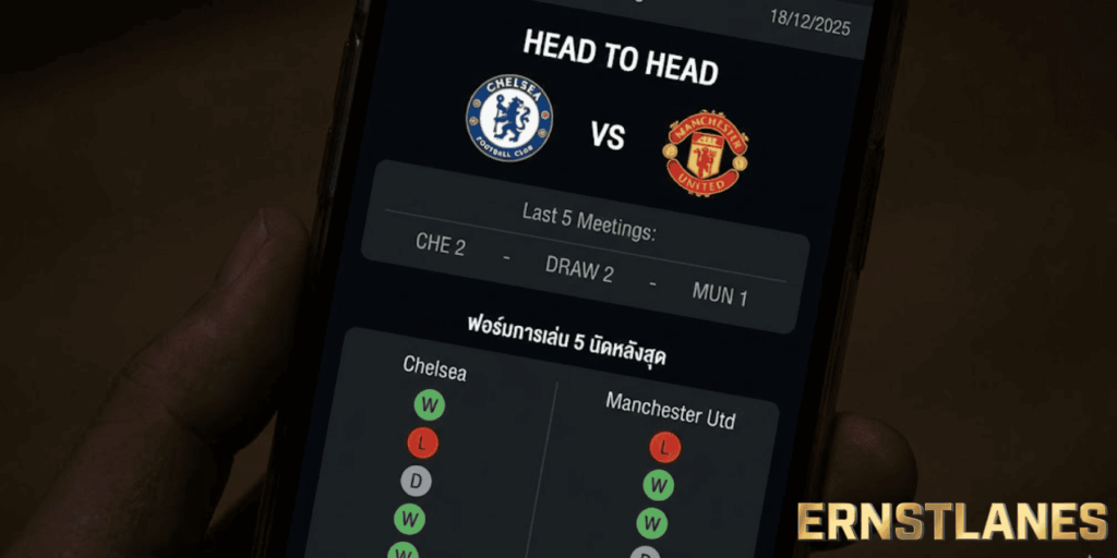 หน้าจอแสดงสถิติ Head to Head และฟอร์มการเล่น 5 นัดหลังสุด